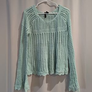 Crochet Knit Sweater Top Mint Green Open Weave Bell Sleeve Boho Cottagecore   L
